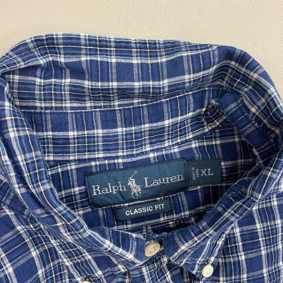 Ralph Lauren Linen Blend Button Up Shirt Mens XL Blue Plaid Classic Fit Long Slv - Picture 9 of 11